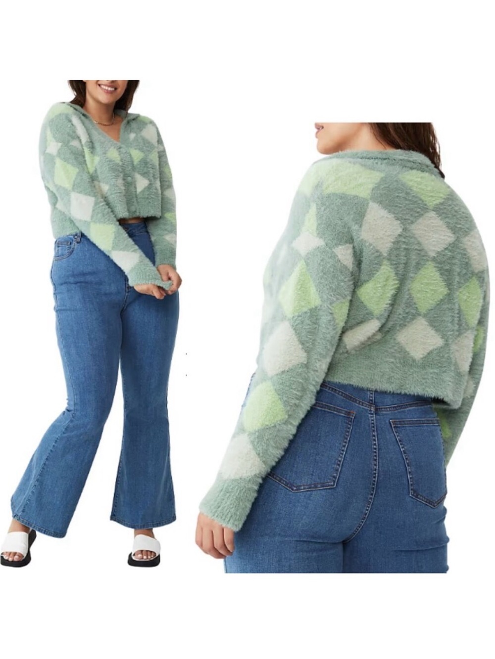 Cotton:On Fluffy Knit Argyle Cropped Cardigan in Green XS